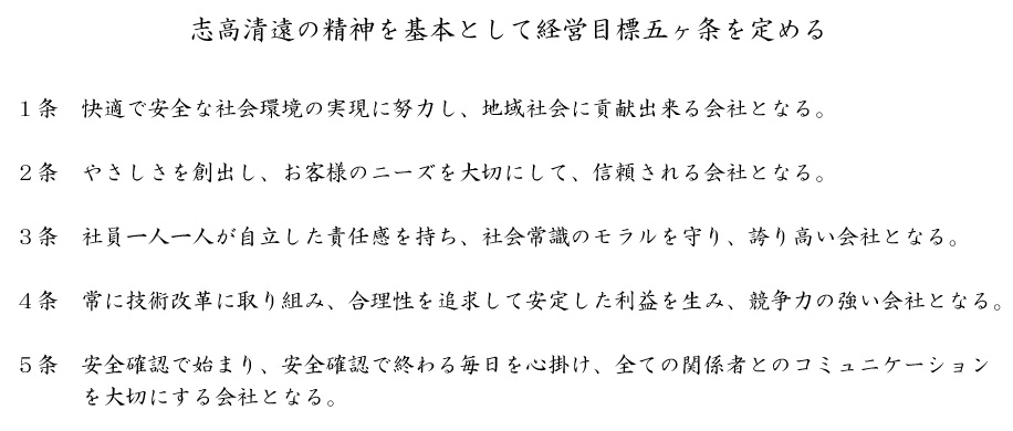 志高清遠の精神を基本として経営目標五ヶ条を定める
